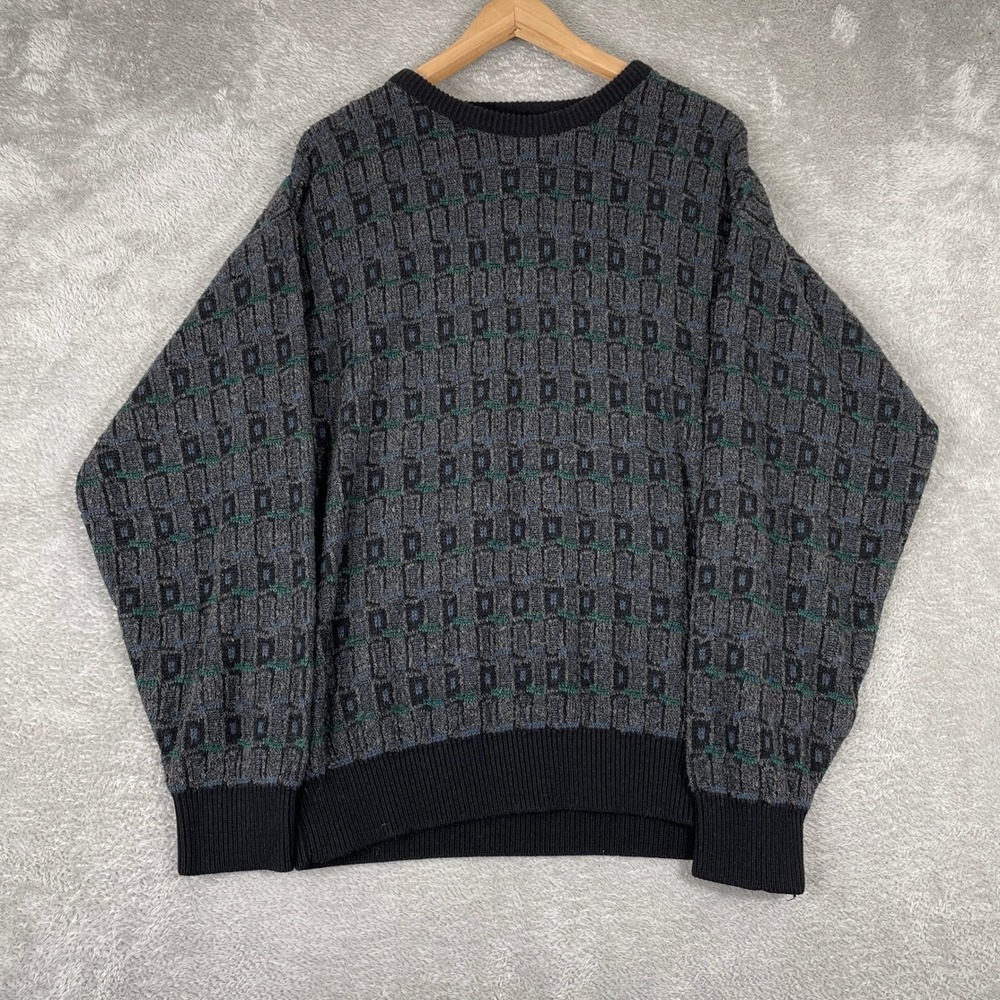 Jantzen‎ Sweater Mens Medium Black Geometric Textured Knit Vintage 90s